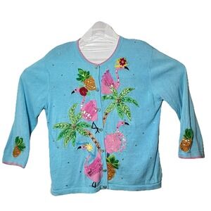 Berek Women's Sweater Sz Med Cardigan Summer Lightweight Button Sequin Bead Work